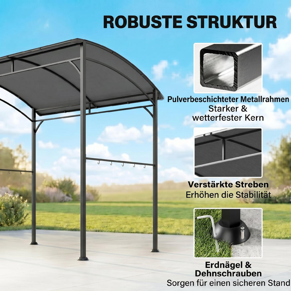 GRILLPAVILLON Metall Polyester Dunkelgrau Schwarz - Dunkelgrau, Metall (150/220/215cm) - Outsunny