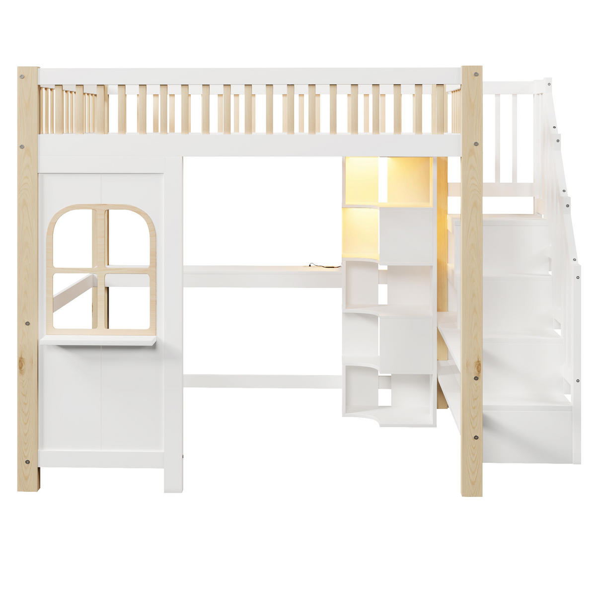 HOCHBETT 140/200 cm mit LED-Leuchten Fensterform Ablageleiter und Schreibtisch Weiß+Natur - Weiß, Holz (140/200cm) - OKWISH