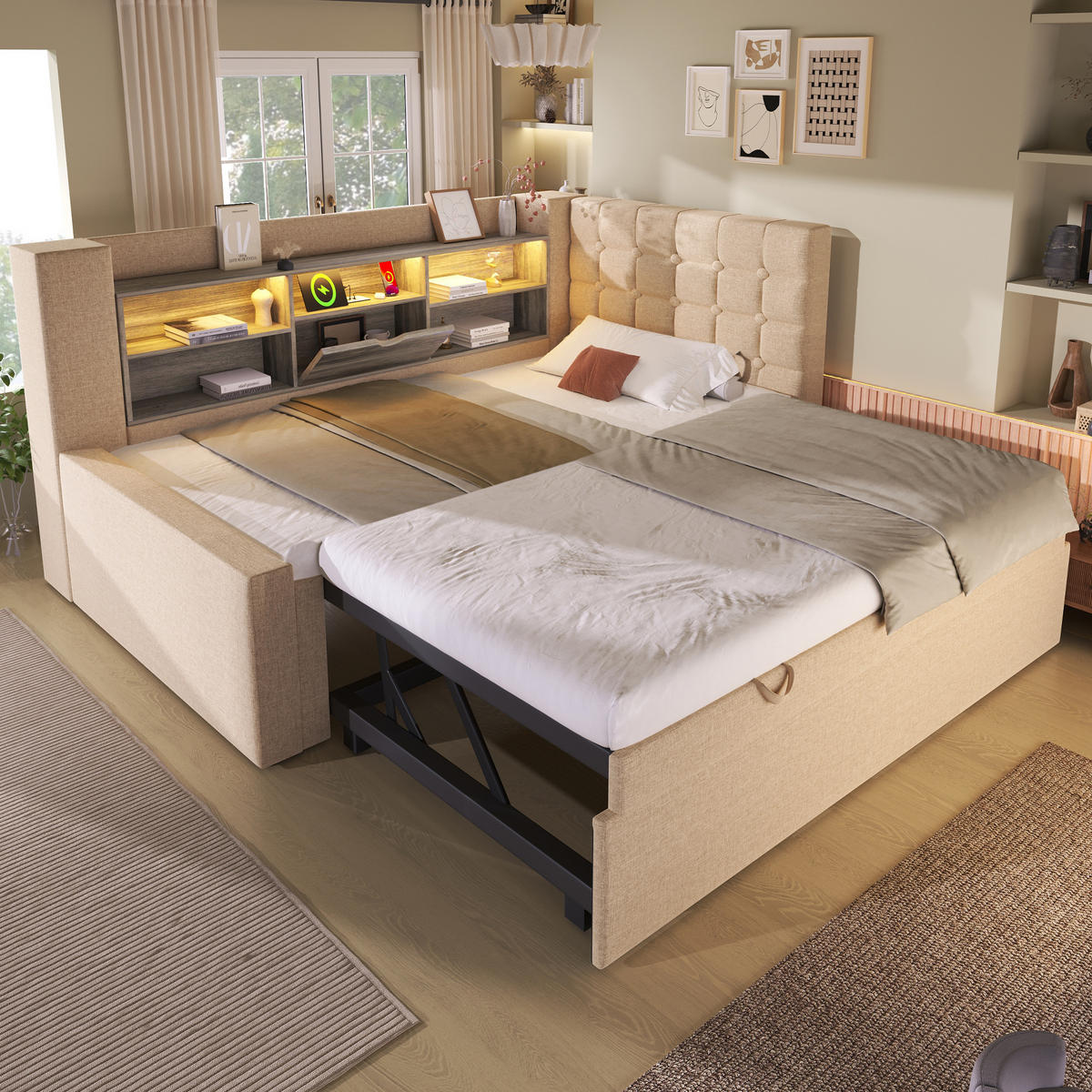 POLSTERBETT 90×200 cm aus Leinen-Stoff und Metall mit LED-Beleuchtung und USB-C-Ladefunktion, beige - Beige, Textil (90/200cm) - Luhomfu