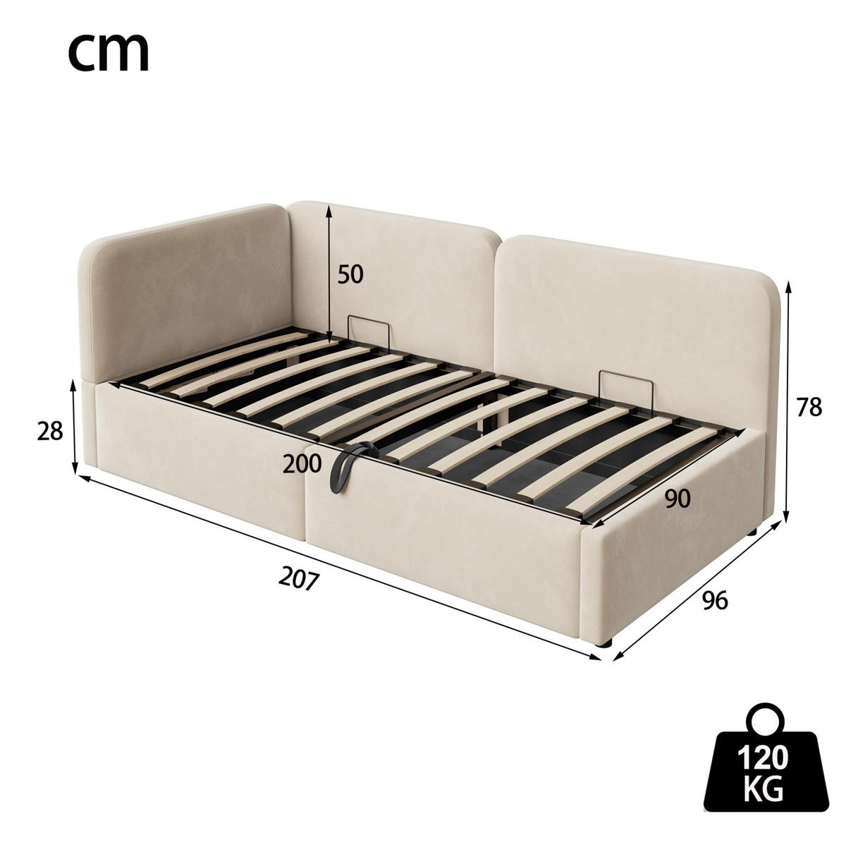 90 x 200 cm Samt-Schlafsofa mit hydraulischem Stauraum, hohem Kopfteil, austauschbarer Rückenlehne, platzsparendes Bett , Beige - Beige, Textil/Metall (90/200cm) - Modenvie