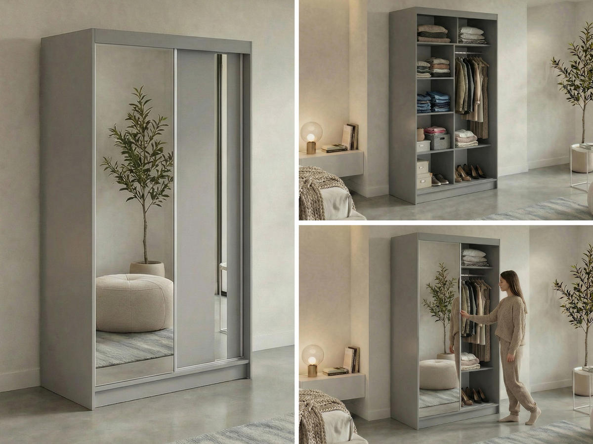SCHWEBETÜRENSCHRANK 120 - GRECJA - Grau mit Spiegel - Alufarben/Grau, Holzwerkstoff/Metall (120/216/61cm) - MKS
