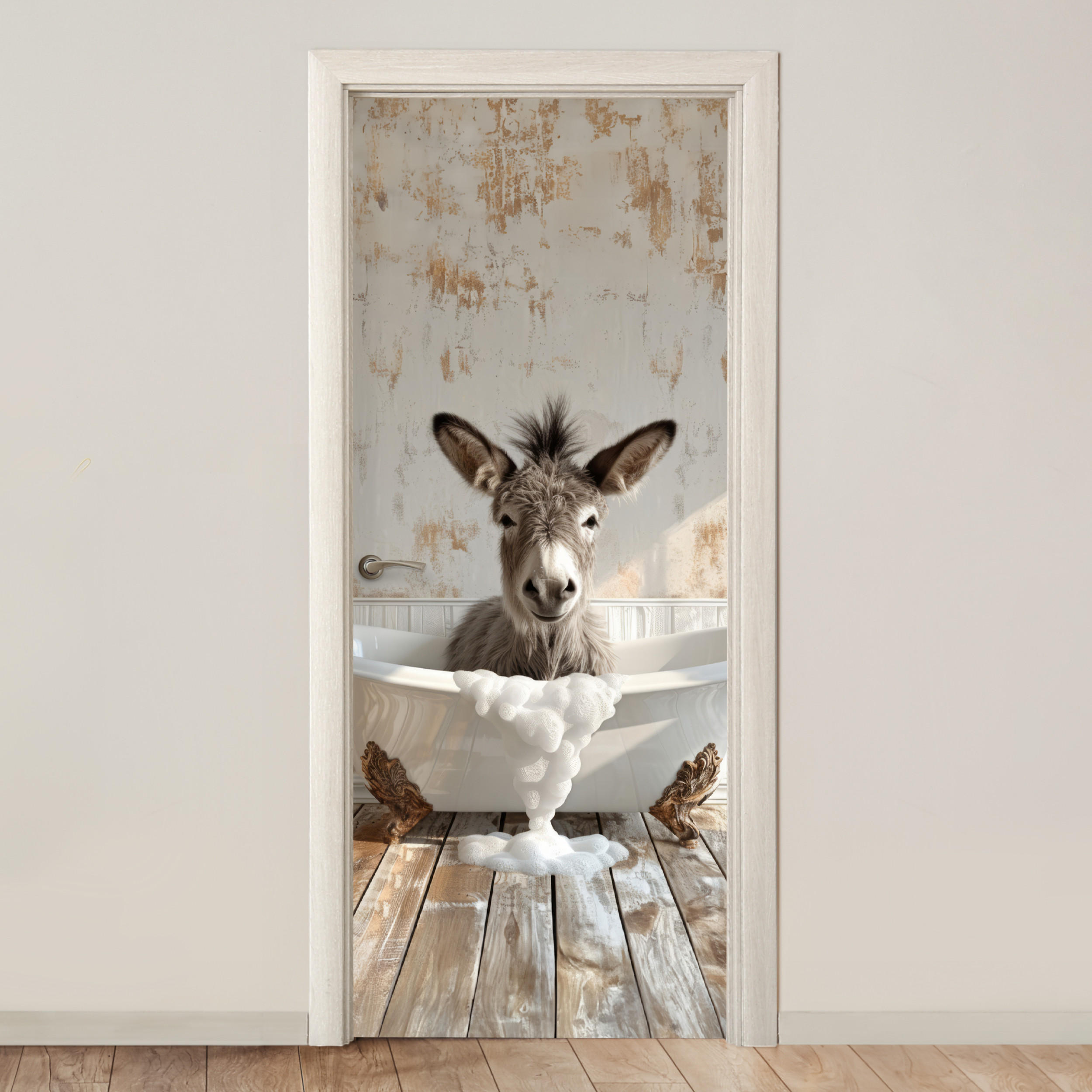 TÜRAUFKLEBER Selbstklebend - Esel - Tier - Vintage - Badewanne 85x205 cm - Türtapete - Eukalyptusholzfarben, Kunststoff (85/0.1cm) - MuchoWow