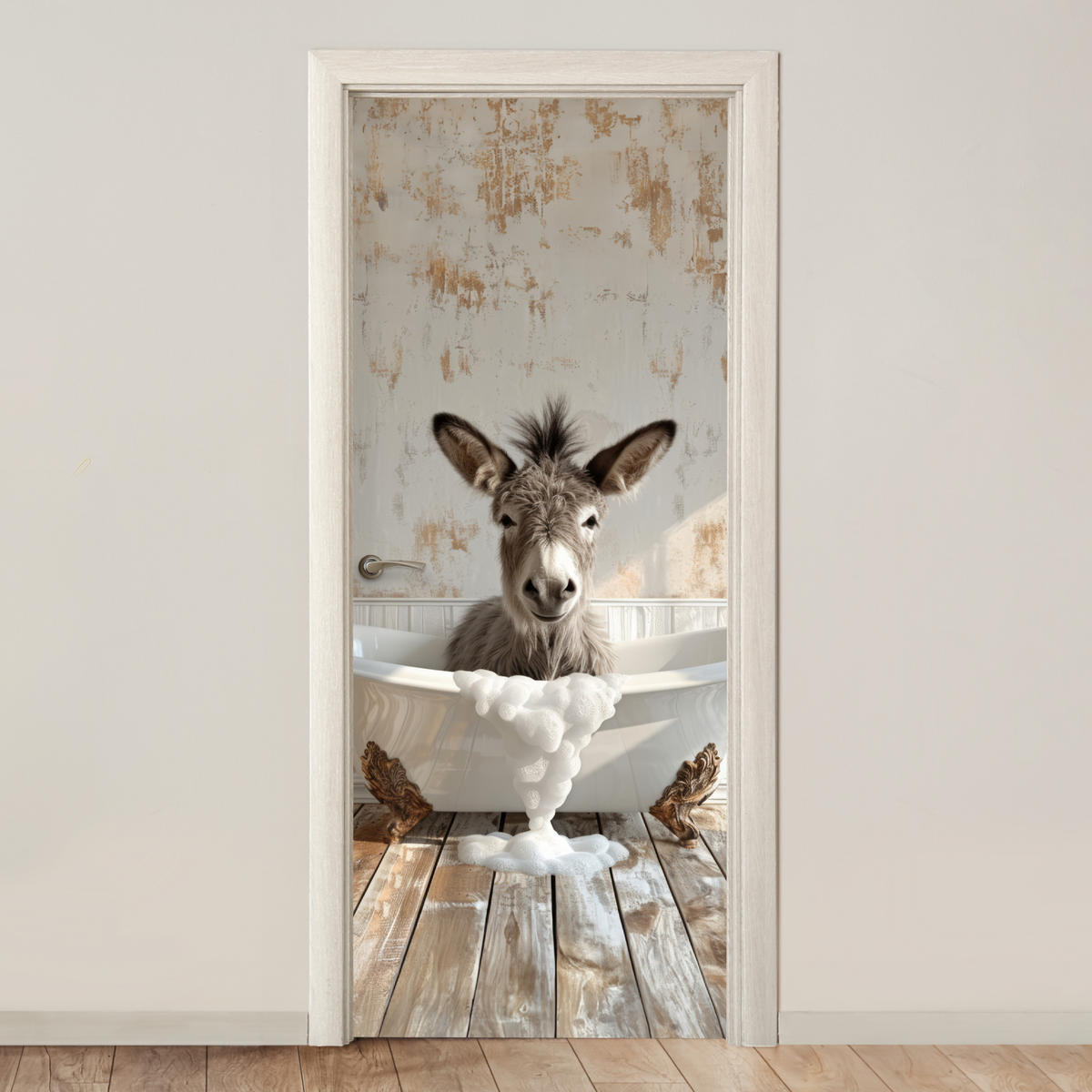 FOTOTAPETE Tür - Esel - Tier - Vintage - Badewanne 80x205 cm - Eukalyptusholzfarben, Kunststoff (80/0.1cm) - MuchoWow