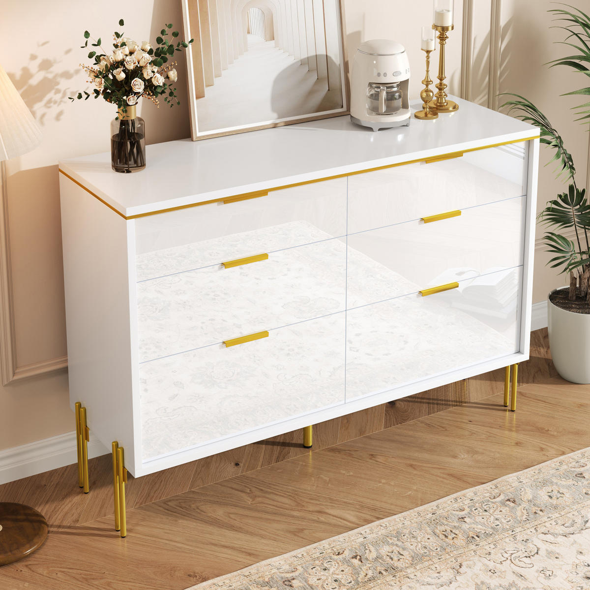 KOMMODE 120/40/85,5 cm mit 6 Schubladen und goldfarbenen Griffen - Weiß, Holzwerkstoff (120/85.5/40cm) - BEAOK