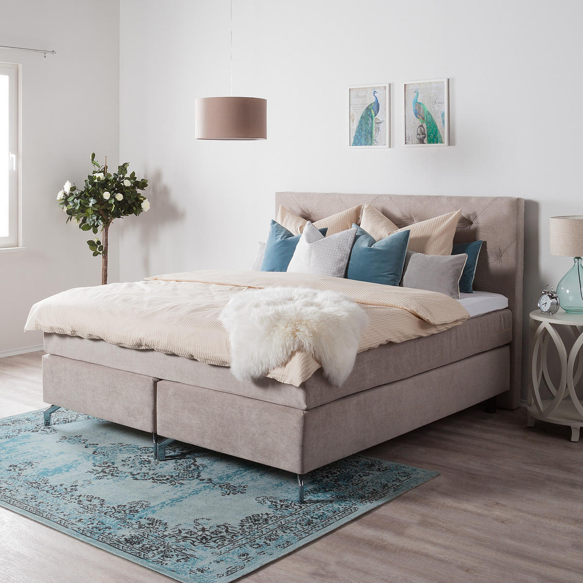 BOXSPRINGBETT - Velours - Beige, Textil (140/200cm) - home24