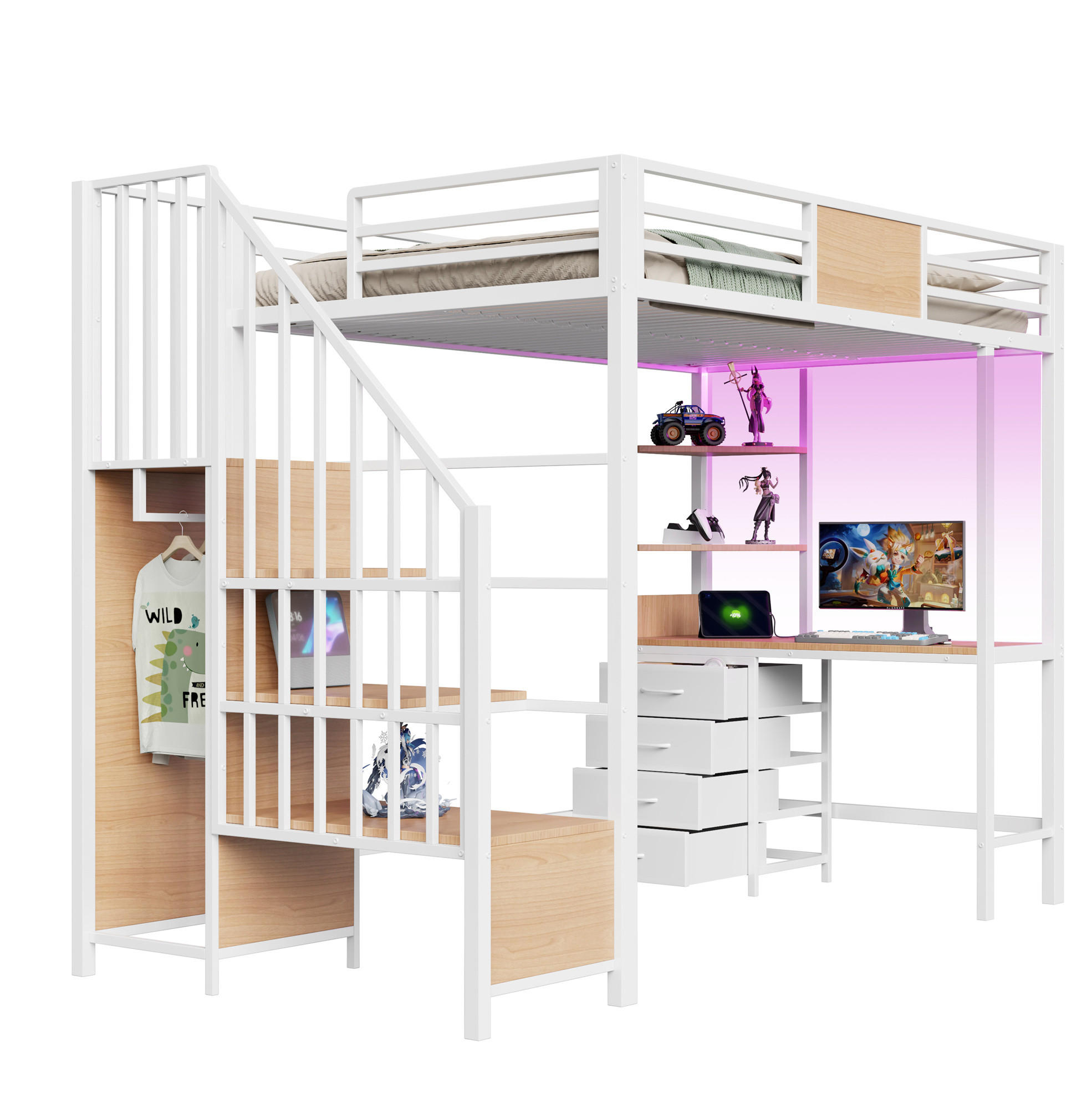 HOCHBETT 90x200 cm in Weiß mit Schreibtisch, LED-Beleuchtung und Stauraum - Weiß, Metall (90/200cm) - IVMEU