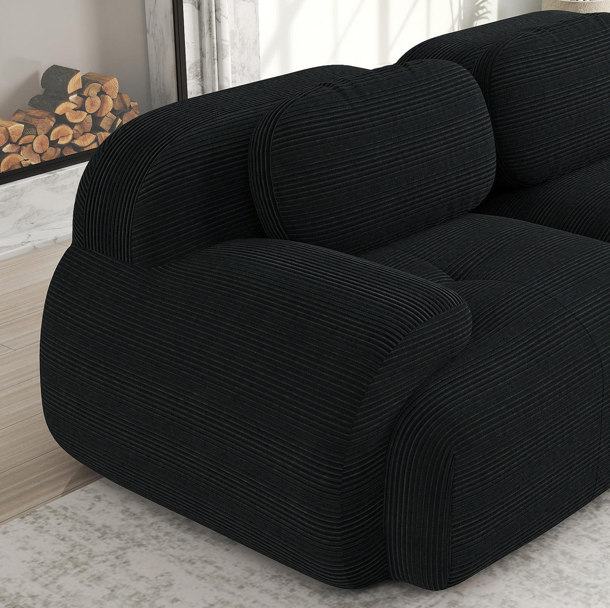ECKSOFA in Schwarz aus Cord mit geschwungenen Armlehnen - Schwarz, Textil (178/208cm) - Flora Grace