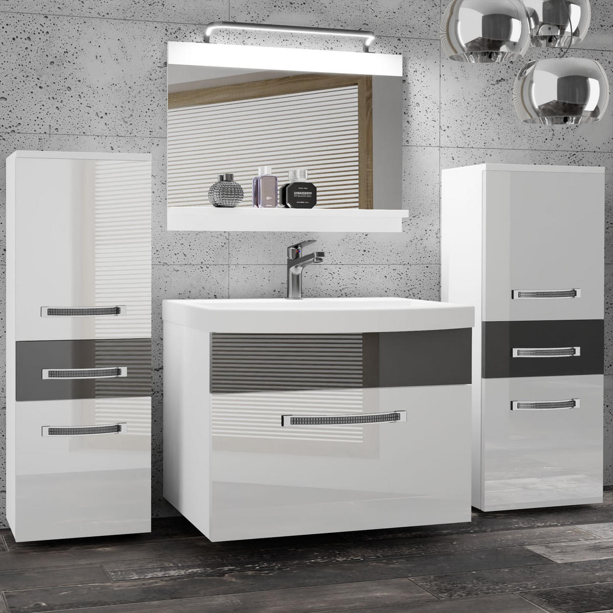 BADMÖBEL Badezimmer Weiß Silber Glänzend - Weiß/Grau, Holz (140/81/40cm) - B BELINI GROUP