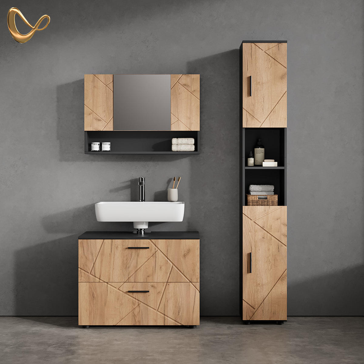 BADSCHRANK Ronco Goldkraft Eiche/Anthrazit 30 x 192 cm - Eiche Wotan, Holzwerkstoff (30/192/30cm) - Livinity®