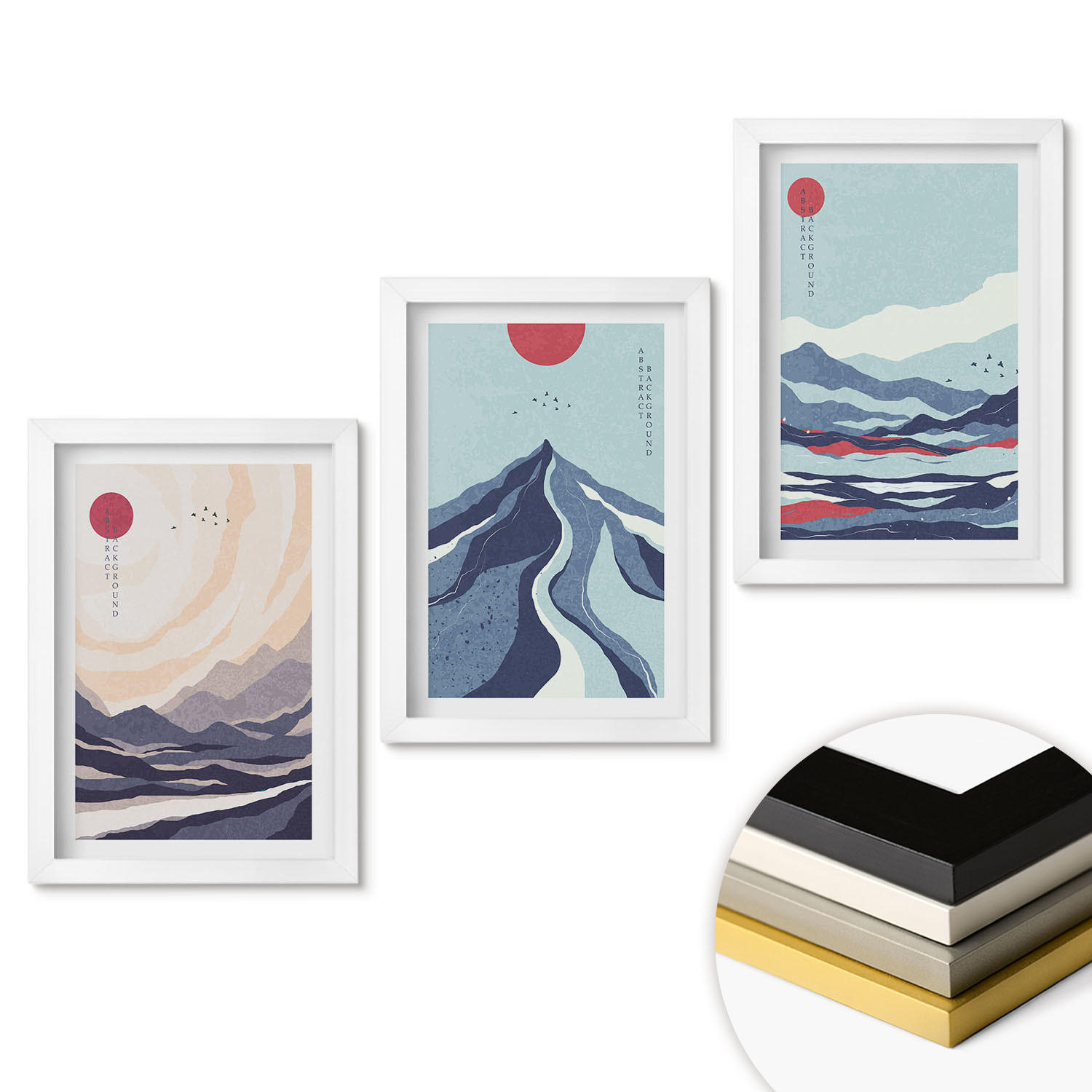 WANDBILDER 3er-Set - 20x30 cm Weißer Rahmen - Abstrakte japanische Berge - Weiß, Kunststoff (20/30cm) - ArtPrintCave
