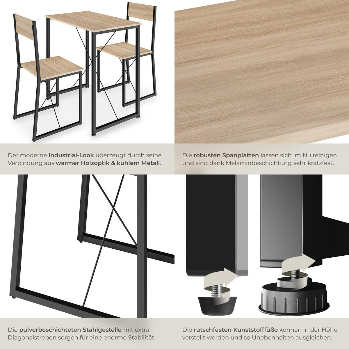 SITZGRUPPE Margate, mit höhenverstellbaren Kunststofffüßen, Industrial Holz hell, Eiche Sonoma - Naturfarben, Holzwerkstoff (80/90/138cm) - tectake