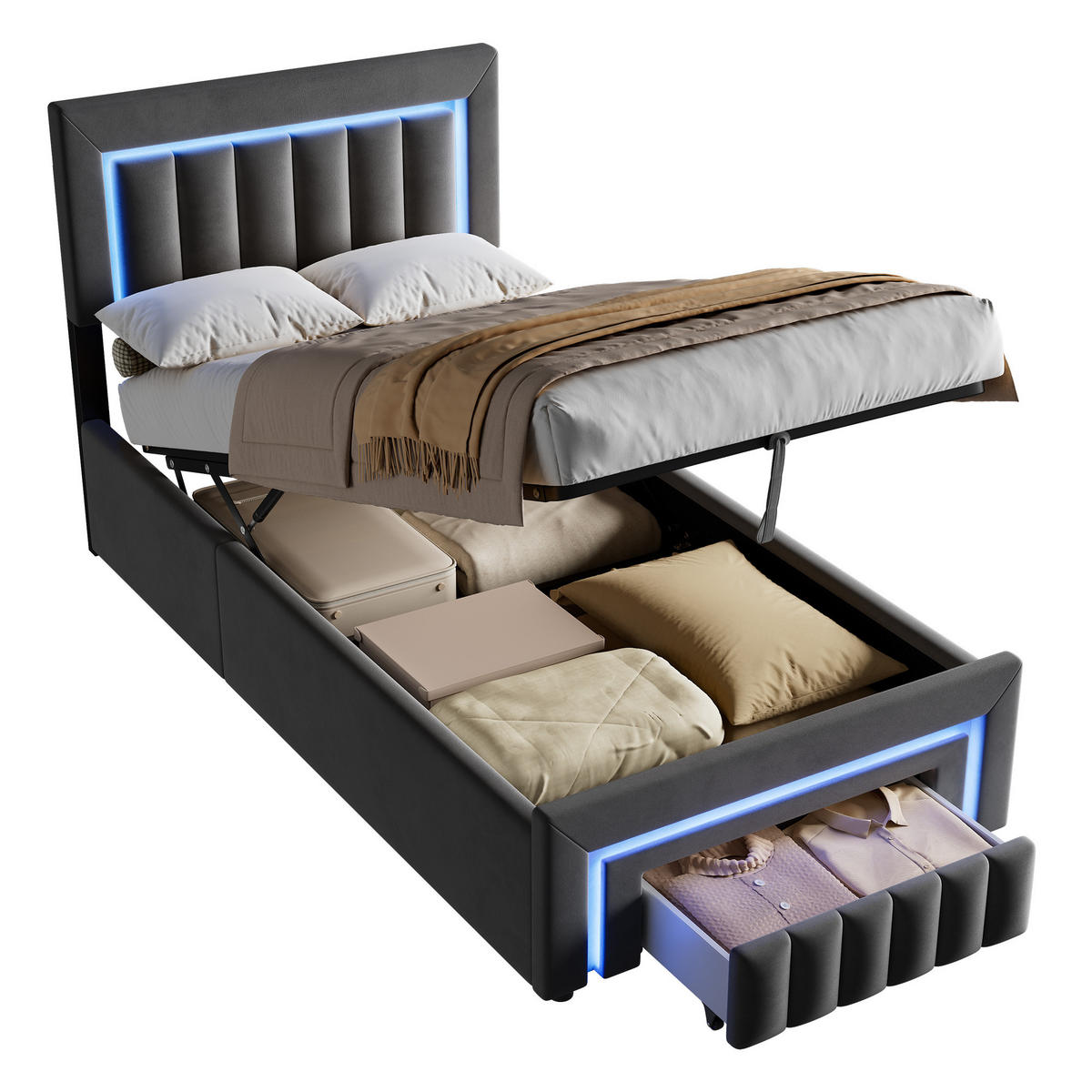 POLSTERBETT 90/200 cm mit hydraulischem Bettkasten, Schublade mit Rollen, LED-Beleuchtung, Grau - Grau, Textil (90/200cm) - Redom