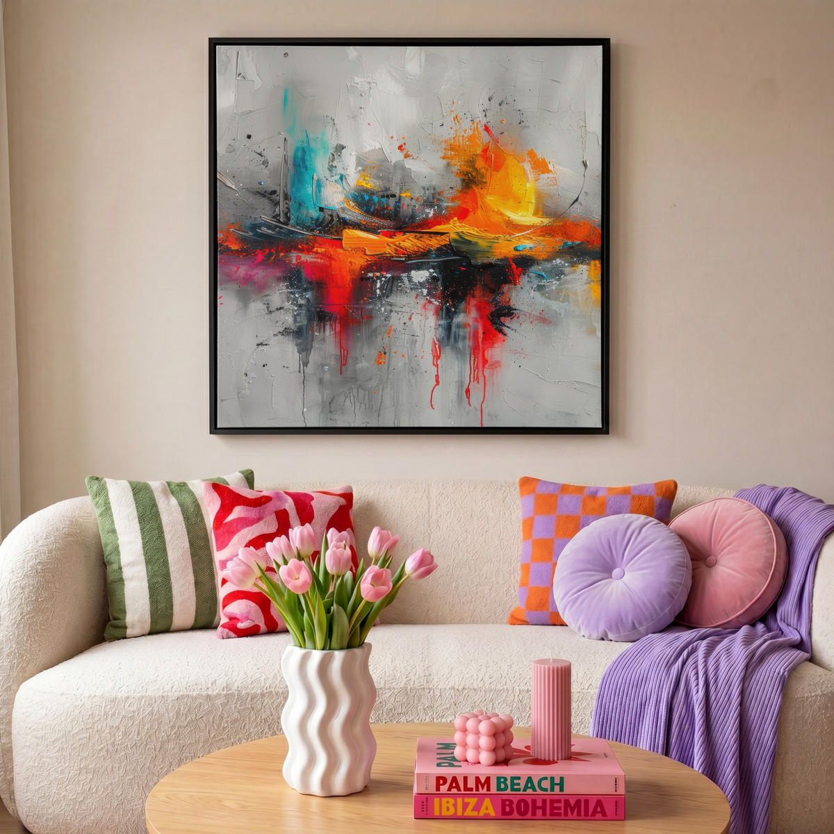 LEINWAND Bilder mit Rahmen - Moderne Kunst - Orange - Grau - Abstrakt - 90x90 - Hellgrau, Textil (90/90cm) - MuchoWow