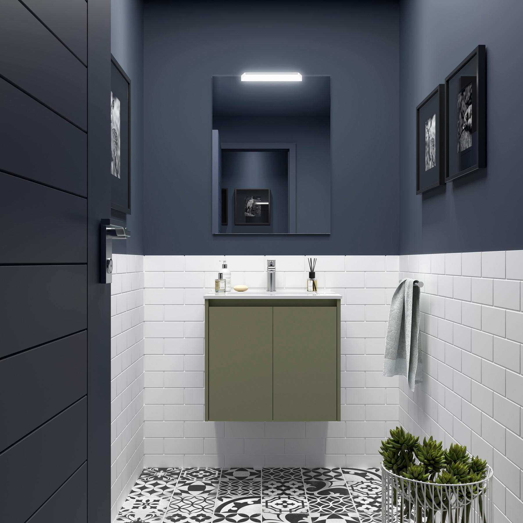 BADEZIMMERMÖBEL NOJA 600 2 Türen GREEN SATIN + Waschtisch + Spiegel - Schwarz, Metall (45/54/60cm) - Salgar