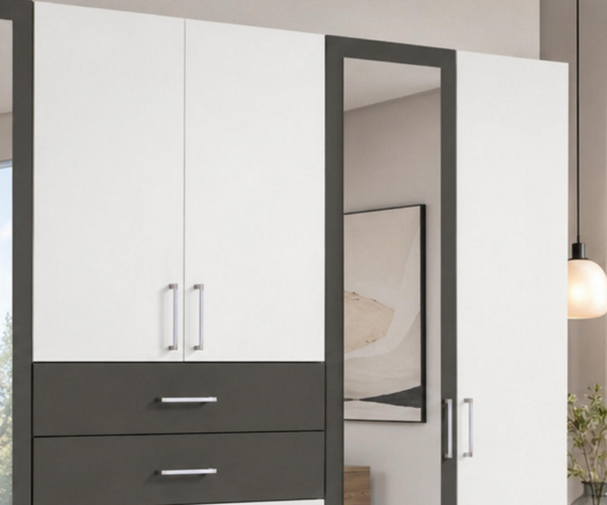 DREHTÜRENSCHRANK Kleiderschrank B270/H208/T58 cm mit Schubkästen & 2 Spiegeltüren, Weiß mit Absetzungen in Grafit / 22594 - Silberfarben/Graphitfarben, Holzwerkstoff/Kunststoff (270/208/58cm) - luma-home