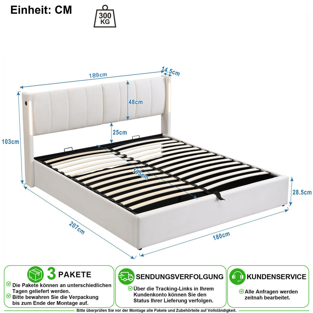 POLSTERBETT 180/200 cm in Weiß mit Stauraum, LED und USB - Weiß, Holzwerkstoff/Textil (180/200cm) - CHICFURN