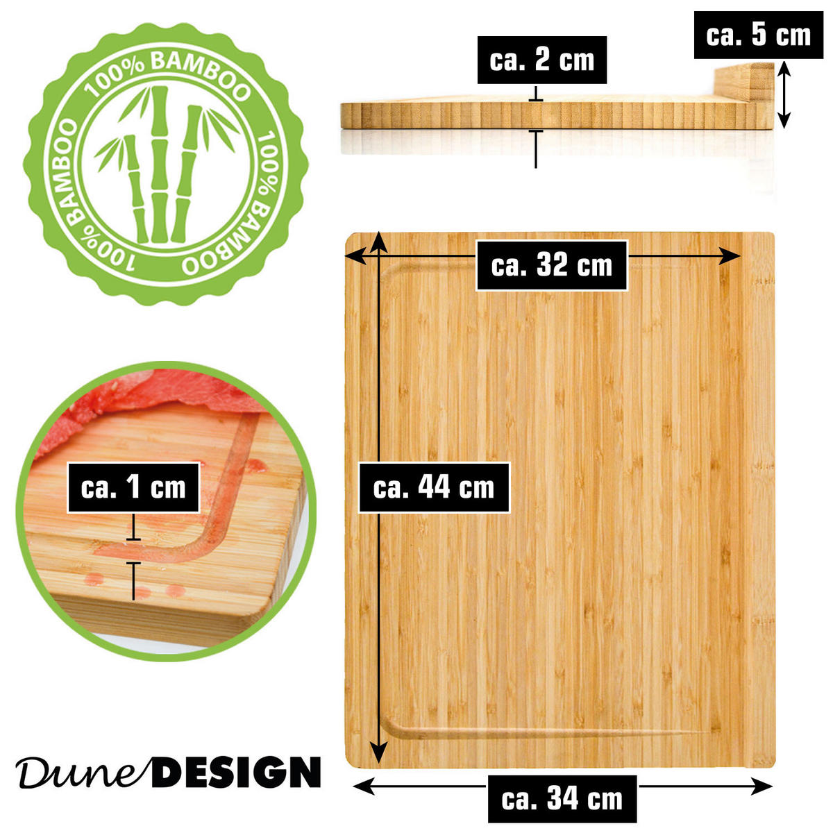 XL-SCHNEIDEBRETT 34/44/2 cm, Bambus - Braun, Holz (34/44cm) - Dunedesign