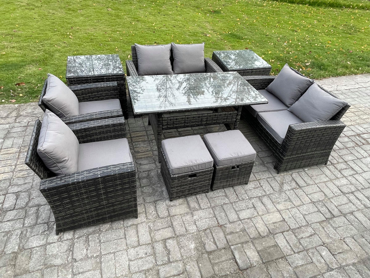 GARTENMÖBELSET mit 2 Sesseln,2 Zweisitzer,2 kleine Fußhocker,Esstisch,2 Beistelltischen Polyrattan Dunkelgrau 8-Sitzer - Dunkelgrau/Grau, Glas/Kunststoff - Fimous