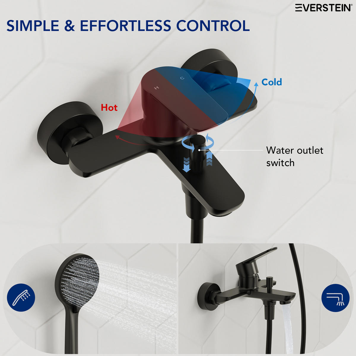 BADEWANNENARMATUR SFS-1278 Schwarz Matt, Aufputz-Einhebel aus Messing, Wanneneinlauf, 120-mm-3-Strahl-Handbrause, 150-mm-Stichmaß - Schwarz, Metall (21/24/6cm) - Everstein