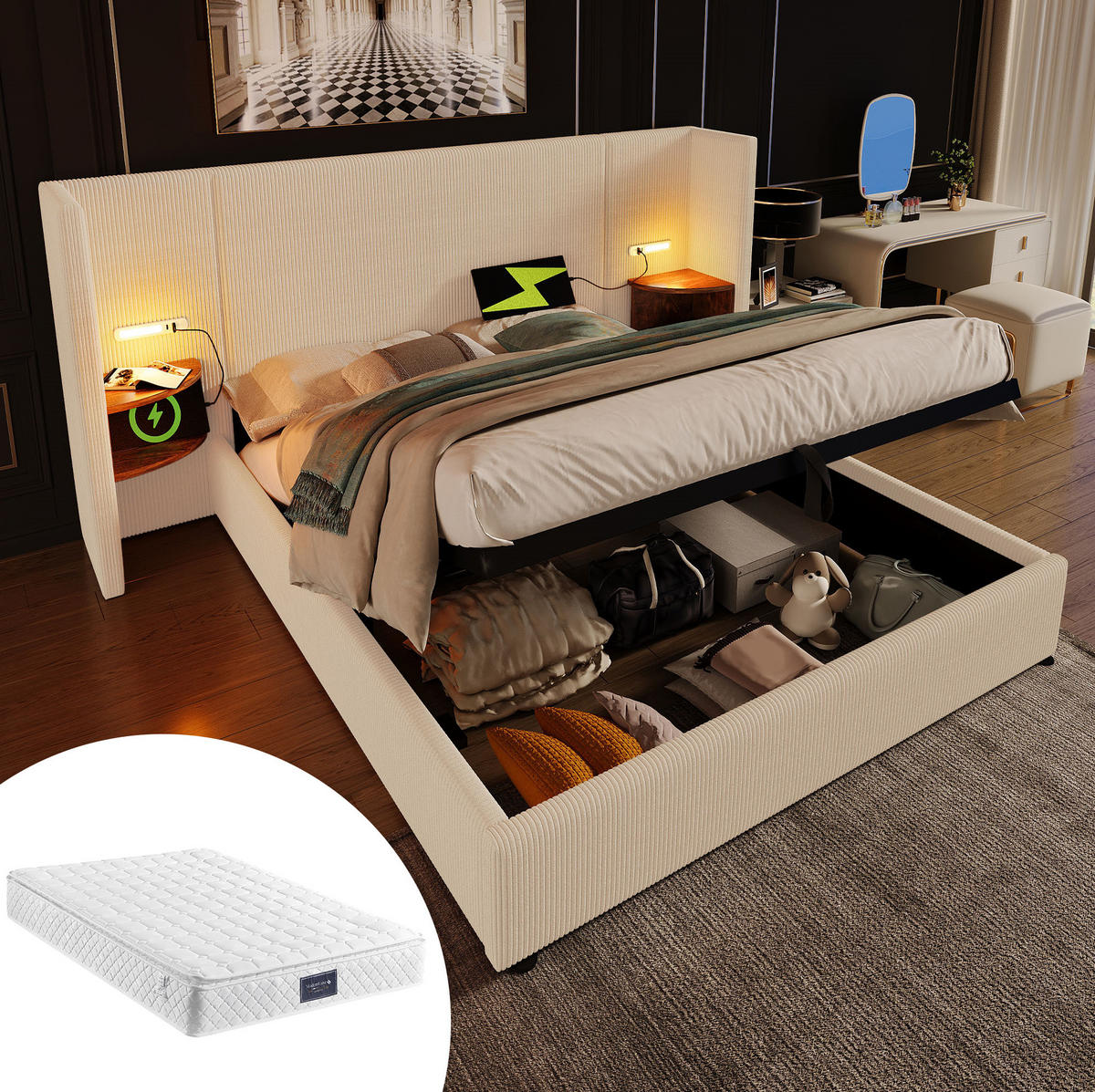 POLSTERBETT aus Cordstoff 160x200 cm Beige-Weiß mit Bettkasten, Leselampe und USB-/Type-C-Anschlüssen - Beige, Textil (160/200cm) - IVMEU