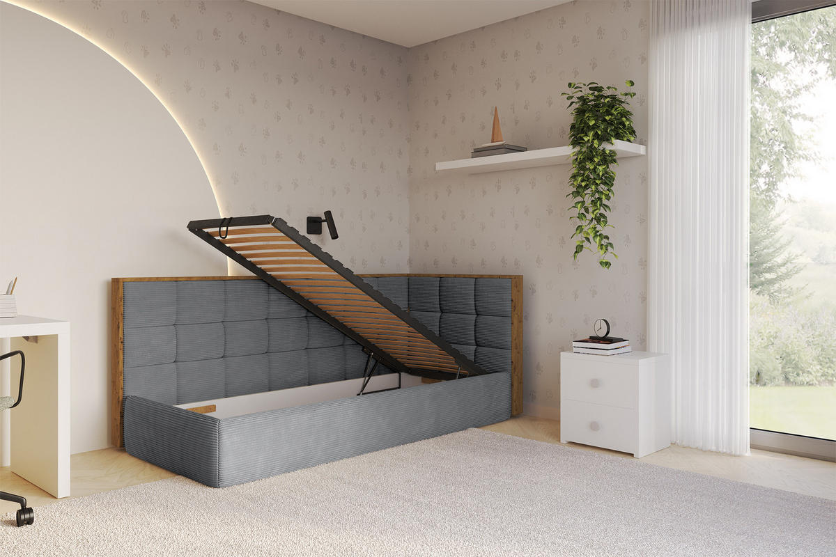 EINZELLBETT Jugendbett mit Bettkasten und Matratze H3/H4, Links - SOVY 90x200 Dunkelgrau - Graphitfarben, Holzwerkstoff/Textil (90/200cm) - ALTDECOR