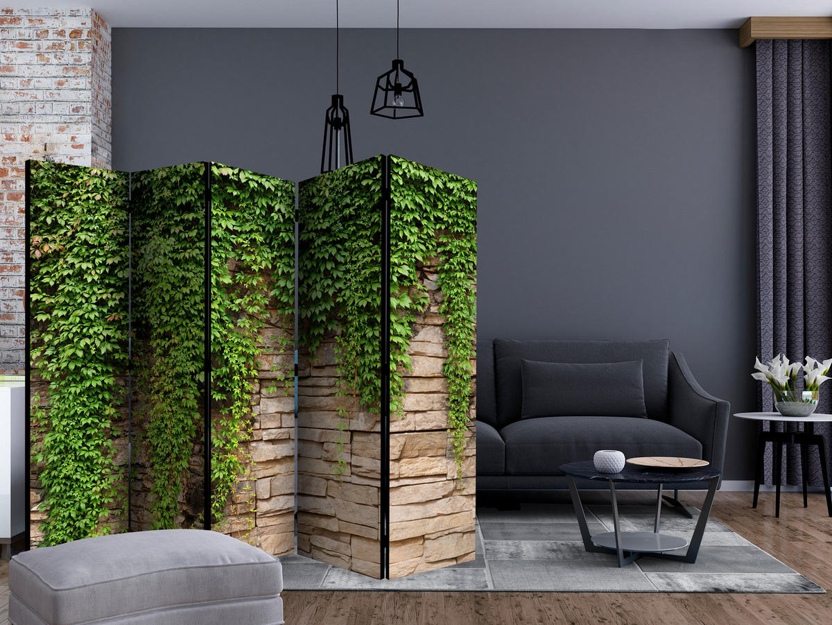 PARAVÁN Akustický 5-dielny 225x172 cm Stena Listy 3D - zelená, drevo/textil (225/172/3cm) - Muralo