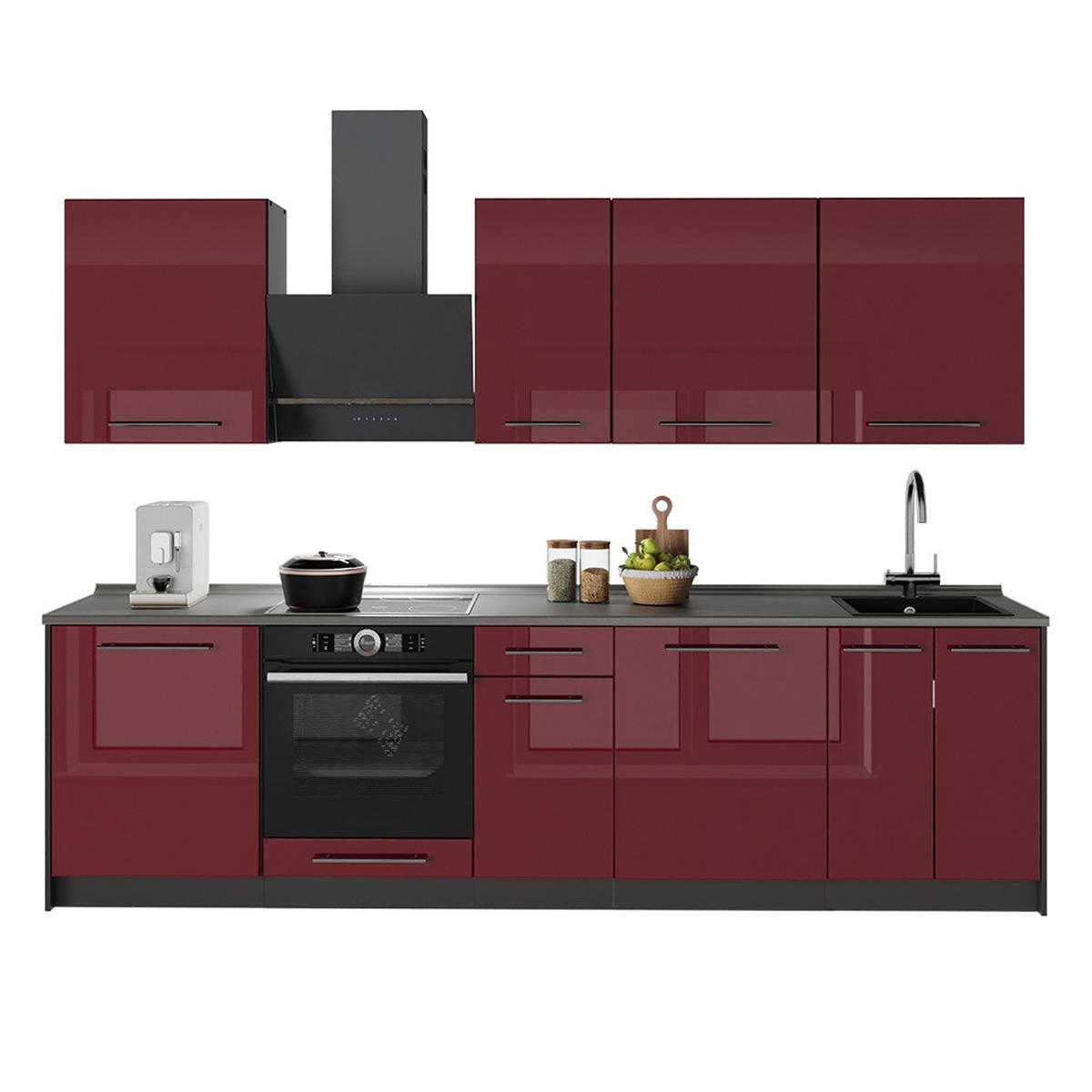 KUCHYNKA Fame-Line, Bordeaux vysoký lesk/antracitová, 280 cm, AP Oak - bordová/antracitová, kompozitné drevo (280/206.8/60cm) - Vicco