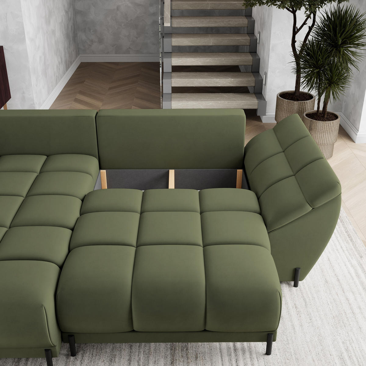 ECKSOFA VESTANO L-S Grün Velours-Stoff mit Schlaffunktion - Grün, Holz (287/182cm) - MASSENO