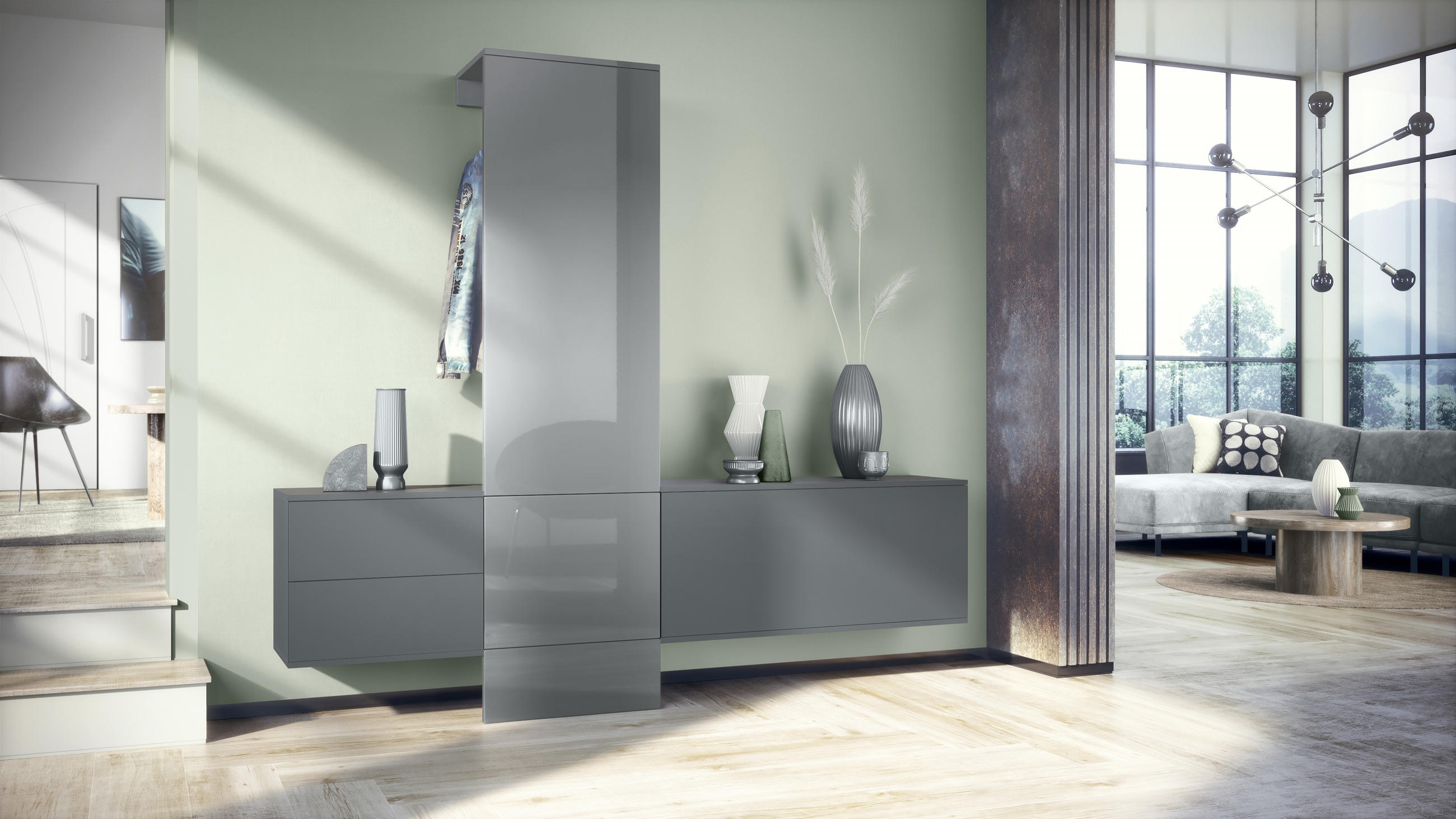 GARDEROBE Carlton Paneel in Grau Hochglanz - Grau, Holzwerkstoff (209/193/35cm) - Vladon