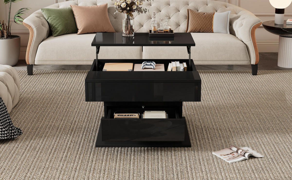 COUCHTISCH, drehbare Liftplatte, Hochglanz Schwarz, 1 Schublade & Stauraum, 70/70/45–59 cm,Schwarz - Schwarz, Holzwerkstoff (70/70/45cm) - Redom