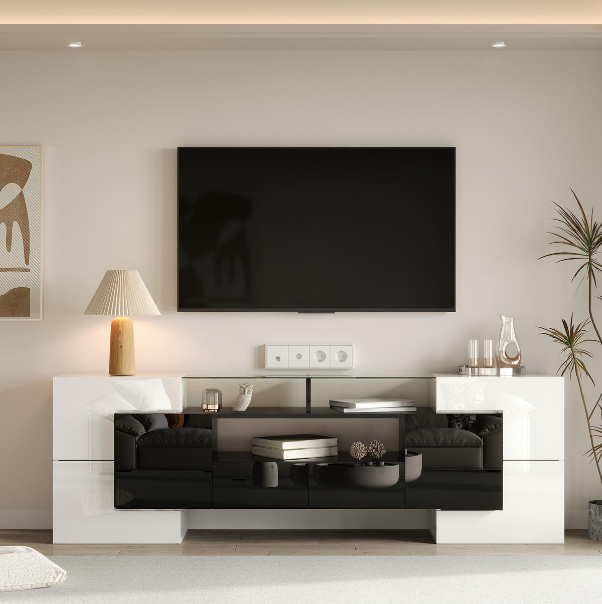 TV-BOARD aus Spanplatte 200x35x60 cm Weiß/Schwarz mit LED-Beleuchtung, viel Stauraum und Glasoptik - Schwarz, Holzwerkstoff (200/60/35cm) - Modfu