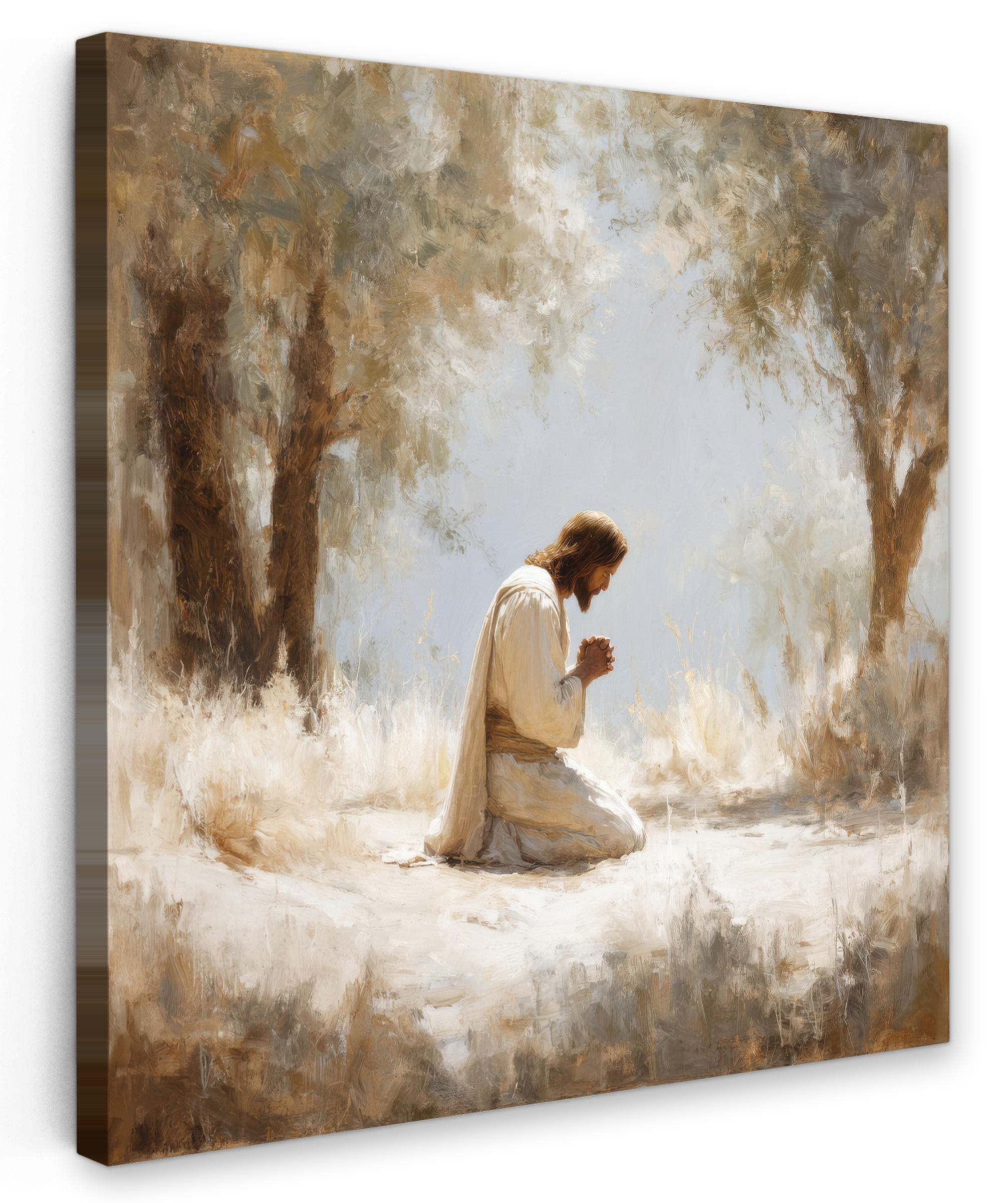 LEINWANDBILD Jesus - Kniend - Waldlandschaft - Betend Deko Groß 90x90 cm - Beige/Hellblau, Textil (90/90cm) - MuchoWow