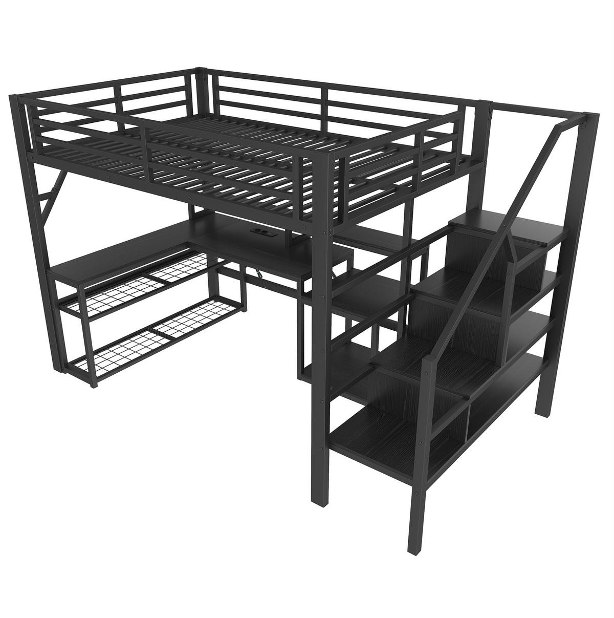 HOCHBETT 140/200 cm, Eisenrahmen, LED, USB mit Schreibtisch - Schwarz, Metall (140/200cm) - MIVRAY