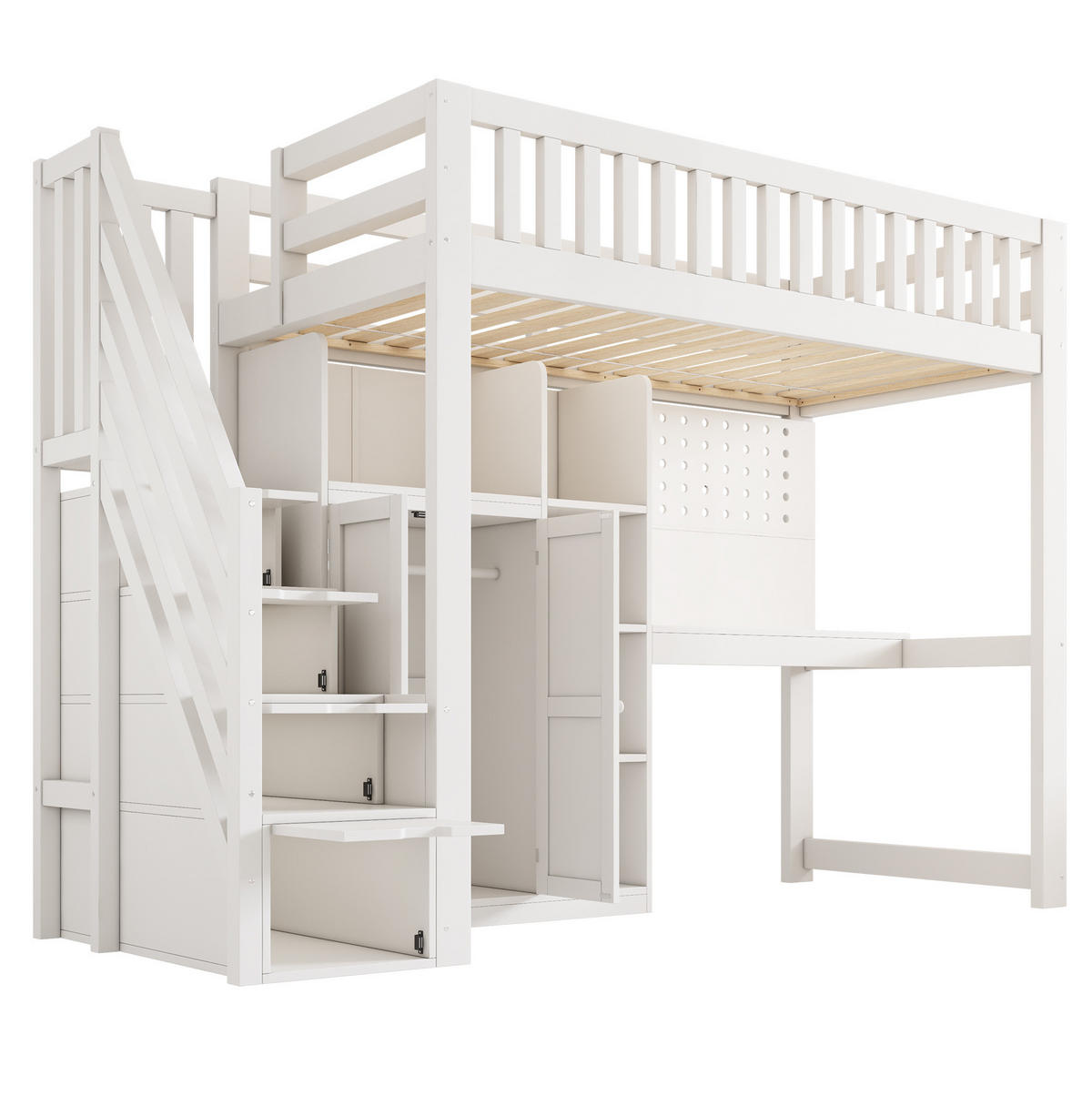HOCHBETT 90/200 cm Weiß mit Schreibtisch, Kleiderschrank und USB-/Type-C-Anschlüssen - Weiß, Holzwerkstoff (90/200cm) - Flora Grace