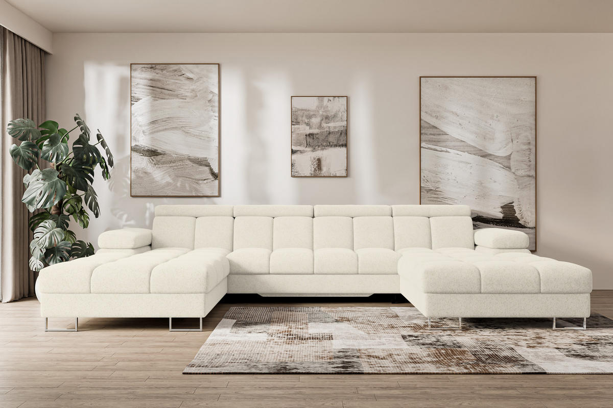 WOHNLANDSCHAFT mit Schlaffunktion und Bettkasten COMA U2 345x203x79 Creme Velours - Creme, Holzwerkstoff/Textil (345/79/203cm) - ALTDECOR