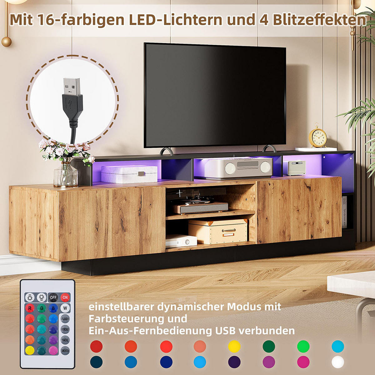 LOWBOARD für TV-Geräte bis 70 Zoll in Originalholzfarbe und schwarzem - Alteiche, Holz (26.5/48.5/159cm) - KOMHTOM