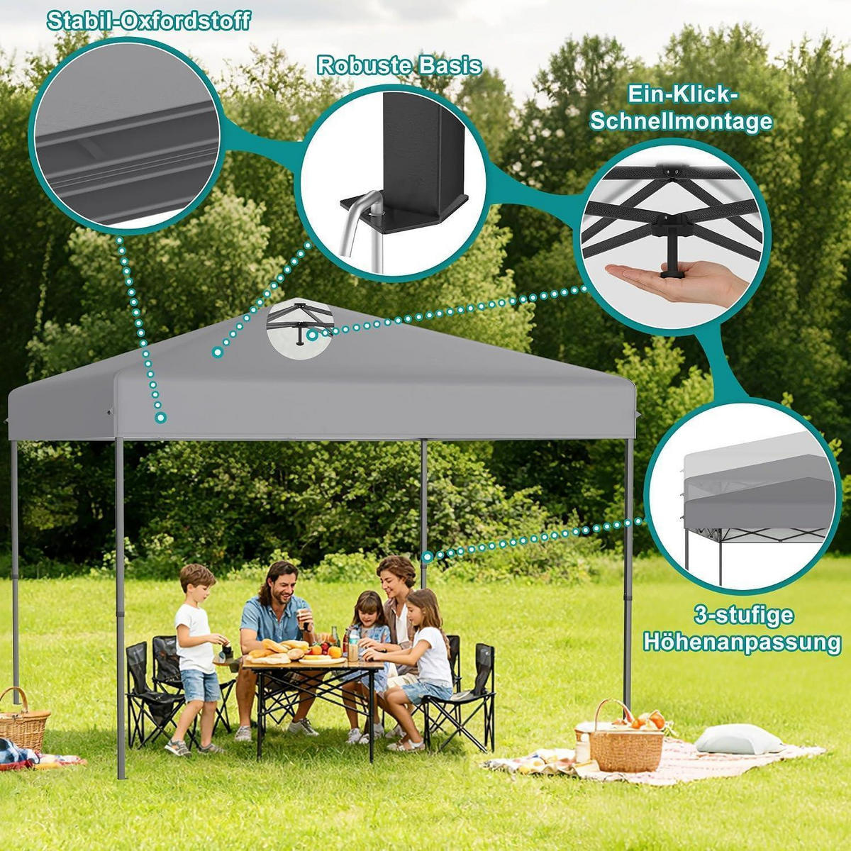 FALTPAVILLON 300 x 300 cm Silbergrau mit One-Touch Lift - Grau, Textil (300/260/300cm)