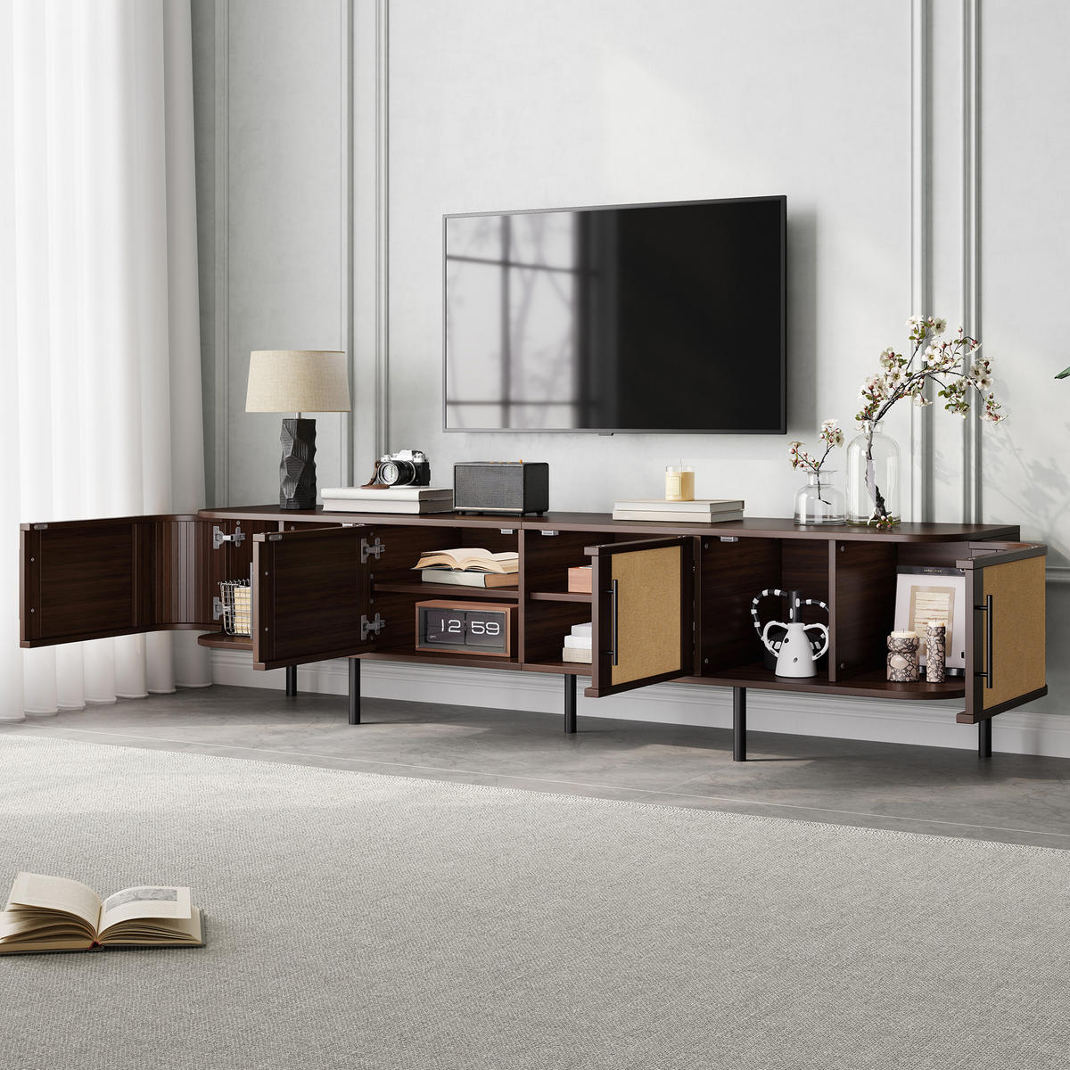 TV-SCHRANK 180x40x45cm mit Flechtfront und 4 Türen - Walnussfarben, Holzwerkstoff (180/45/40cm) - FLIEKS