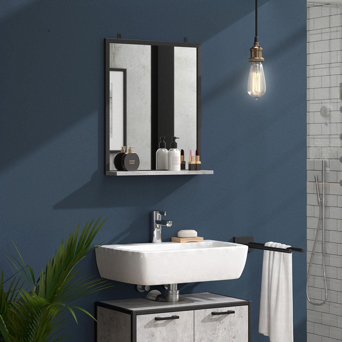 BADEZIMMERSPIEGEL Fyrk Beton 50 x 60 cm - Schieferfarben/Schwarz, Glas (50/60/12cm) - Vicco
