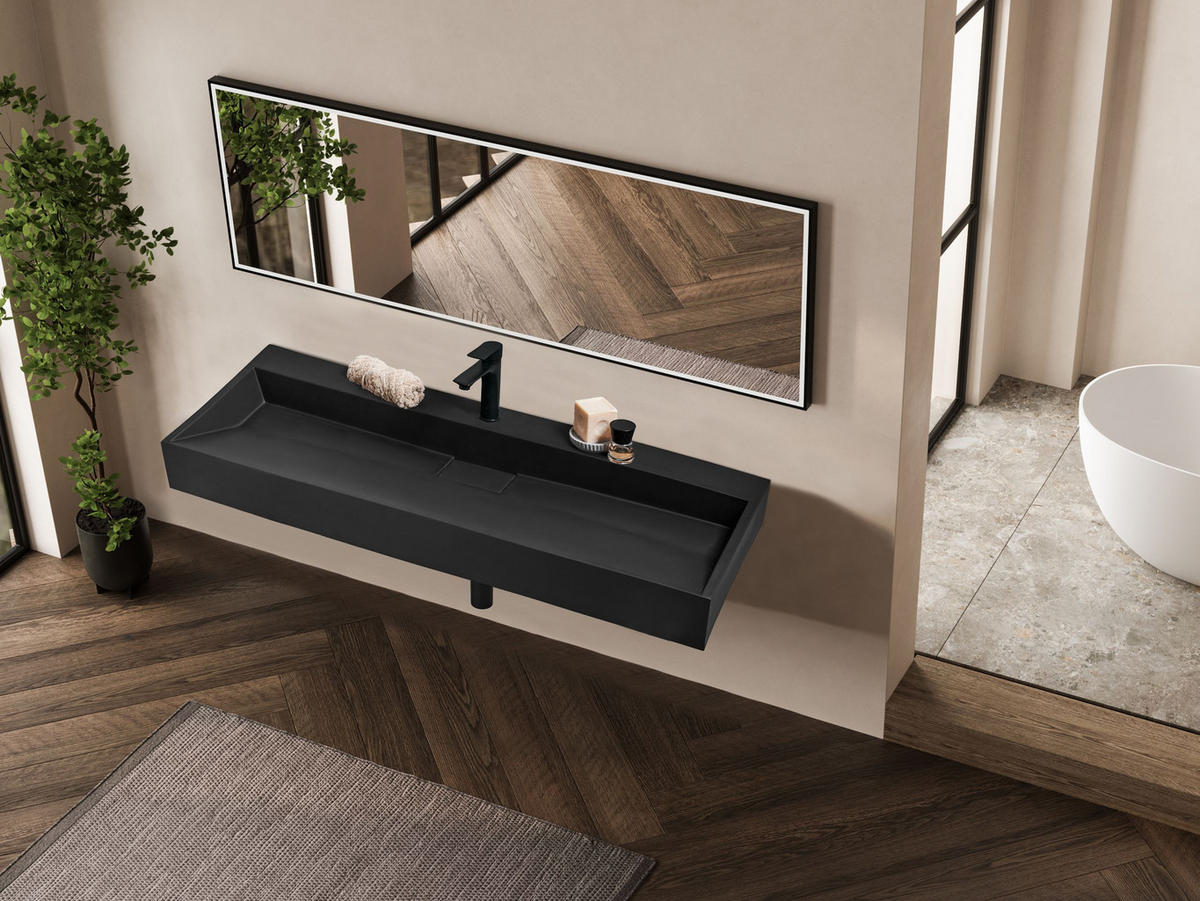 HÄNGEWASCHBECKEN Schwarz 120/46 cm Mineralguss Quenko - Schwarz, Naturmaterialien (120/12/46cm) - Beliani