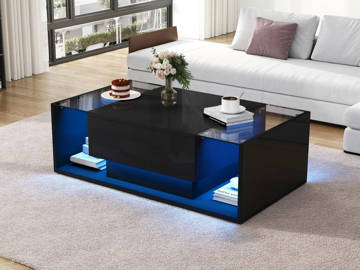 COUCHTISCH aus Spanplatte und Glas 100x50x31 cm in Schwarz mit LED & Schublade - Schwarz, Holzwerkstoff (100/50/31cm) - Modfu