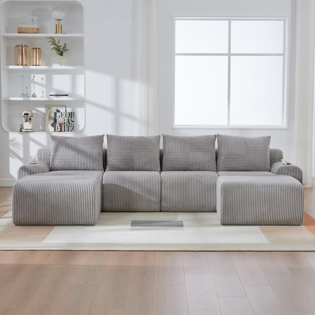 4-SITZER Wohnlandschaft Cord mit 2 Hockern und Getränkehalter 333/174/80 cm Hellgrau - Hellgrau, Textil (174/80/333cm) - Redom