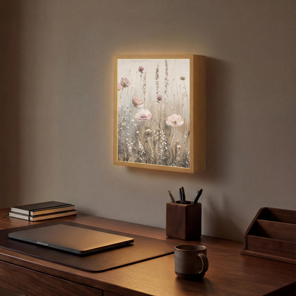 NÁSTĚNNÁ LAMPA S AKUMULÁTOREM Květiny - růžová - moderní - béžová 30x40 cm - starorůžová, kompozitní dřevo (30/40/8cm) - OnlyWow