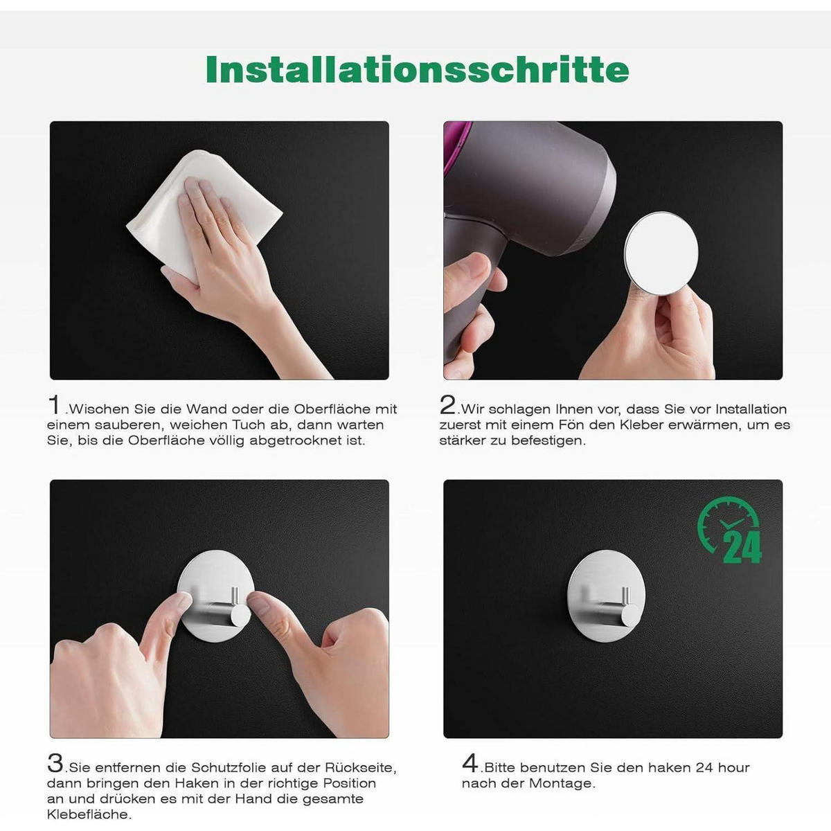 KLEBEHAKEN 4-teiliges Set Edelstahl gebürstet - Silberfarben, Metall (5/3/5cm)