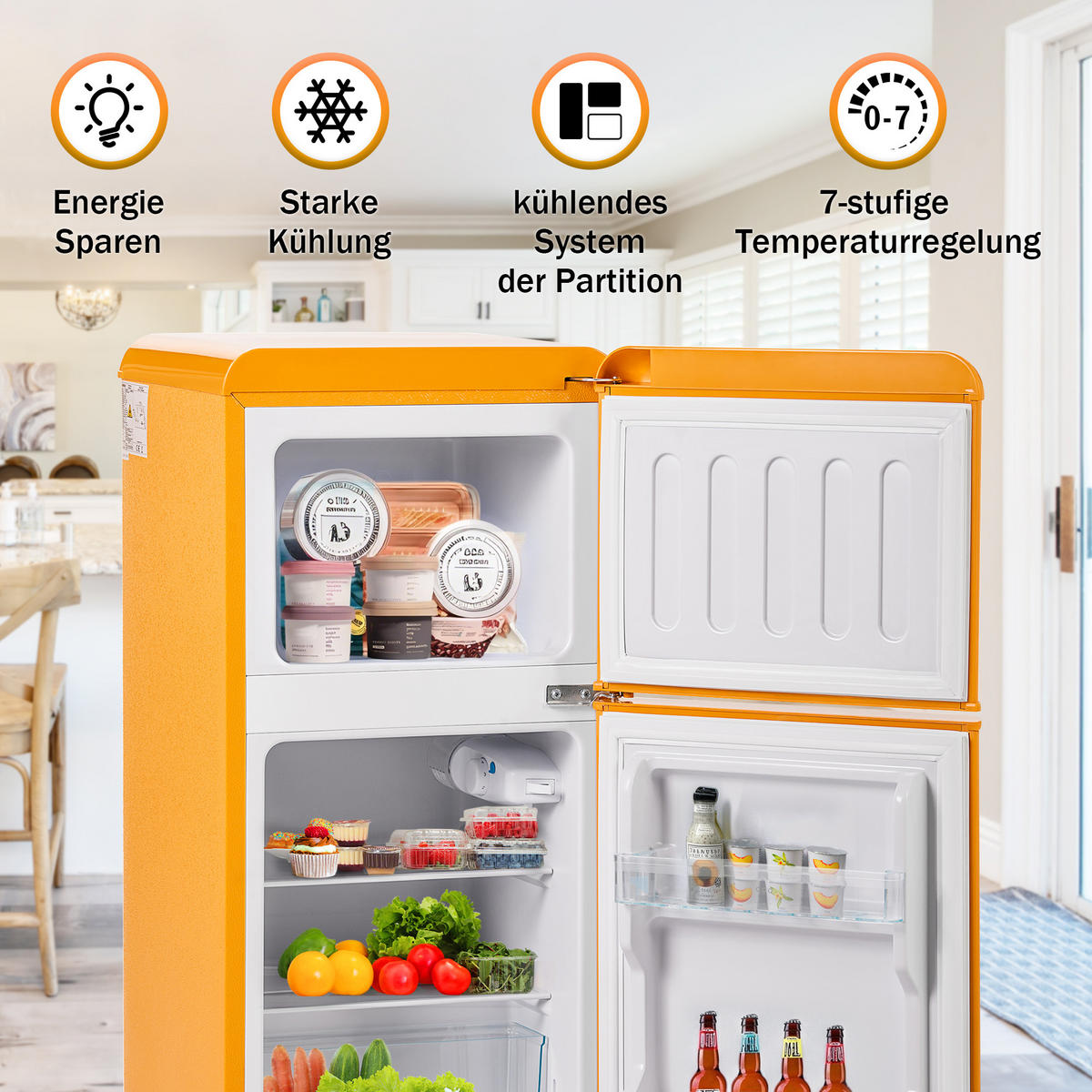 RETRO KÜHLSCHRANK 88,8cm 60L Doppeltür Gefrier LED E Klasse - Gelb, Kunststoff (45.5/42.5/88.8cm) - FLIEKS