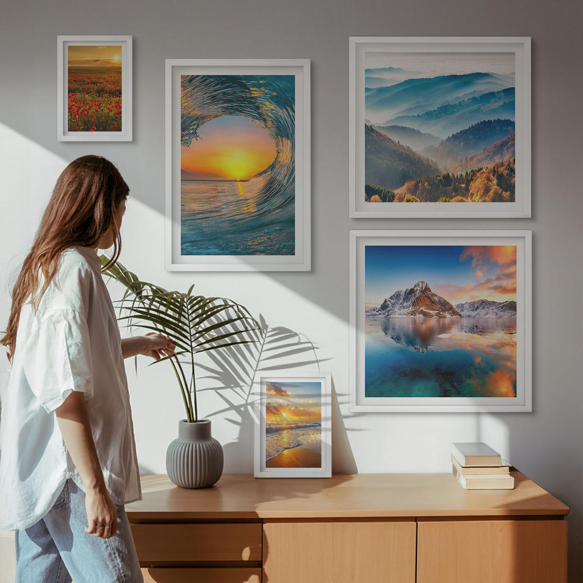 WANDBILDER 5er-Set - 50x50 cm & 20x30 cm & 40x60 cm Weißer Rahmen - Landschaften aus Bergen und Meeren im Westen - Weiß, Kunststoff (40/60cm) - ArtPrintCave