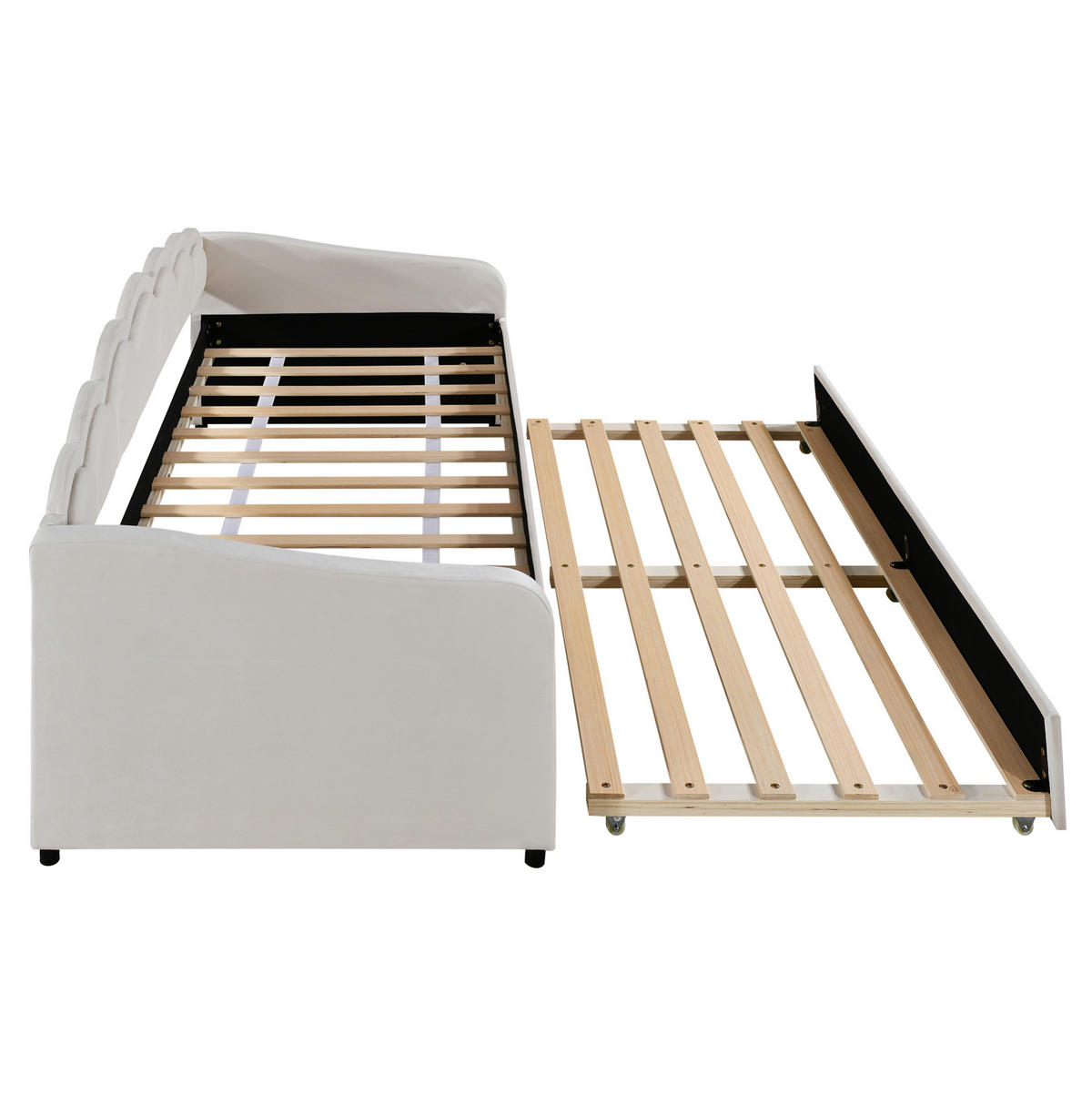 POLSTERBETT mit LED-Beleuchtung 90/200 cm in Beige mit ausziehbarem Rollbett - Beige, Textil (90/200cm) - BEAOK