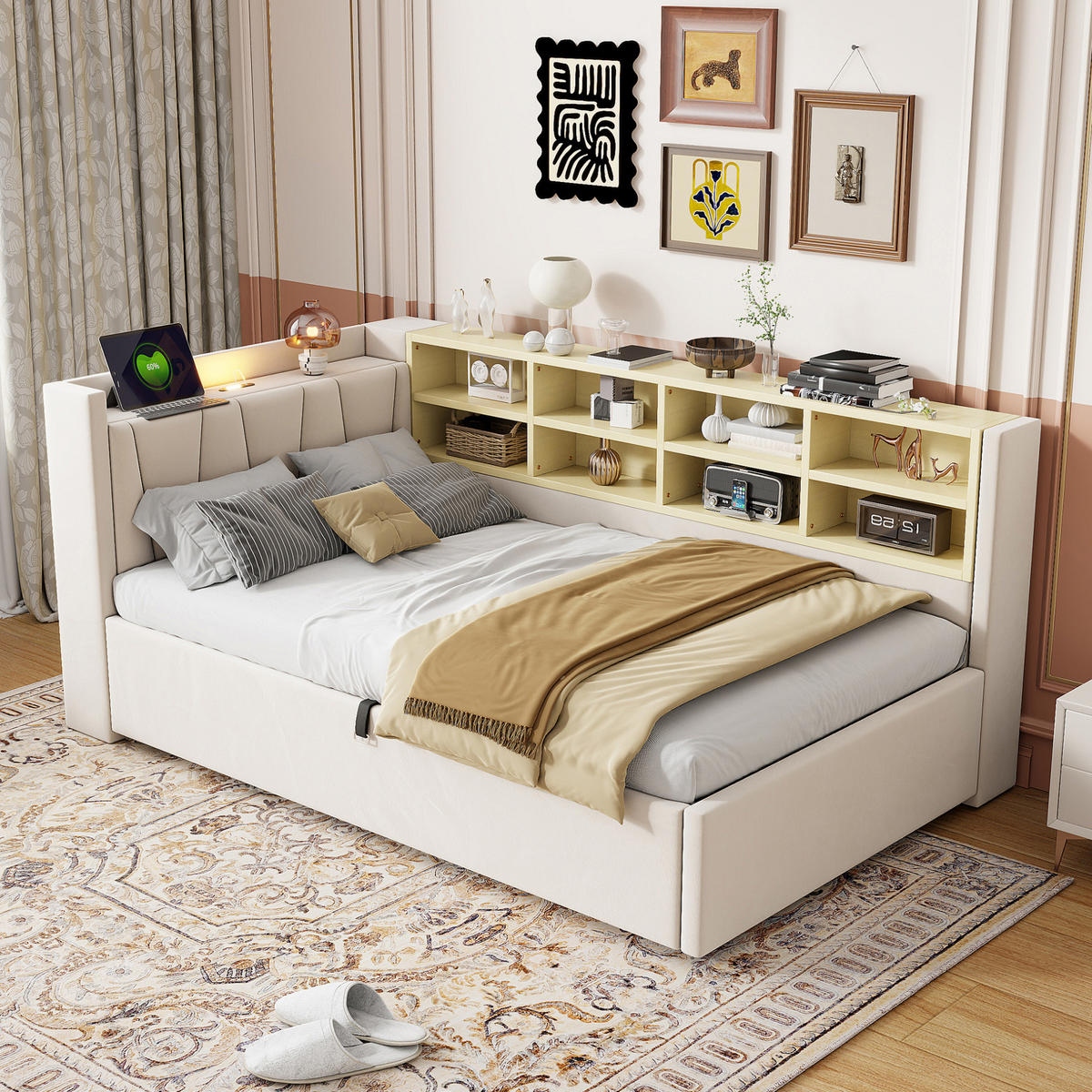 POLSTERBETT Schlafsofa aus Samt 90x200 cm Beige mit hydraulischem Stauraum, Nachtlicht, USB- und Typ-C-Anschluss - Beige, Textil (90/200cm) - Modfu