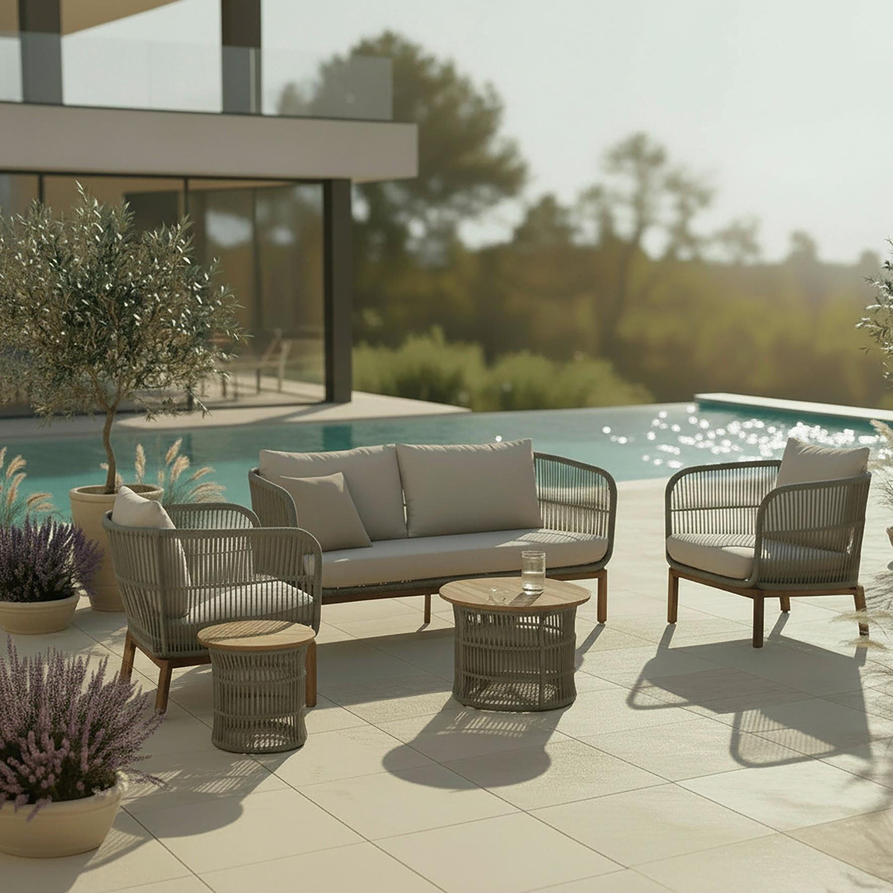 LOUNGEGARNITUR Malene Holz Outdoorstoff/Metall - Creme, Holz - Bessagi Garden