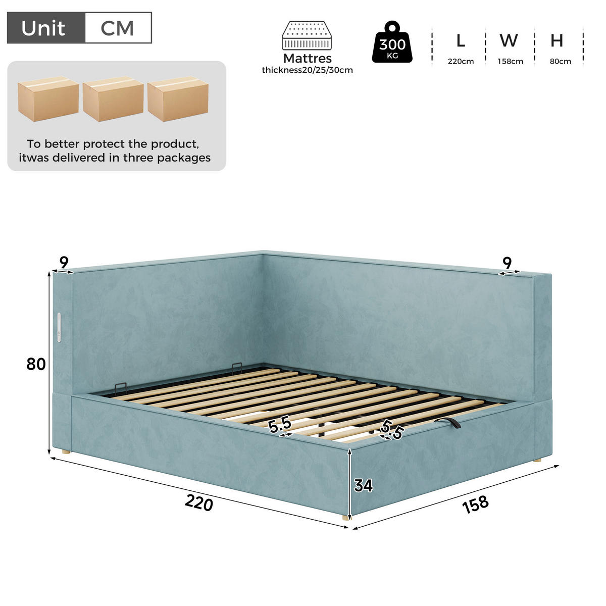 DAYBETT 140x200 cm, Blau, Samt, LED, USB/Typ-C - Blau, Textil (140/200cm) - FLIEKS